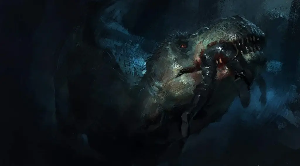 Arte de Primitive War: um tiranossauro emerge da escuridão da selva com um soldado entre os dentes