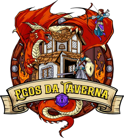 Logotipo do Ecos da Taverna: um dragão vermelho envolvendo uma taverna, com uma arqueira e um cavaleiro, sobre um pergaminho com o nome do canal