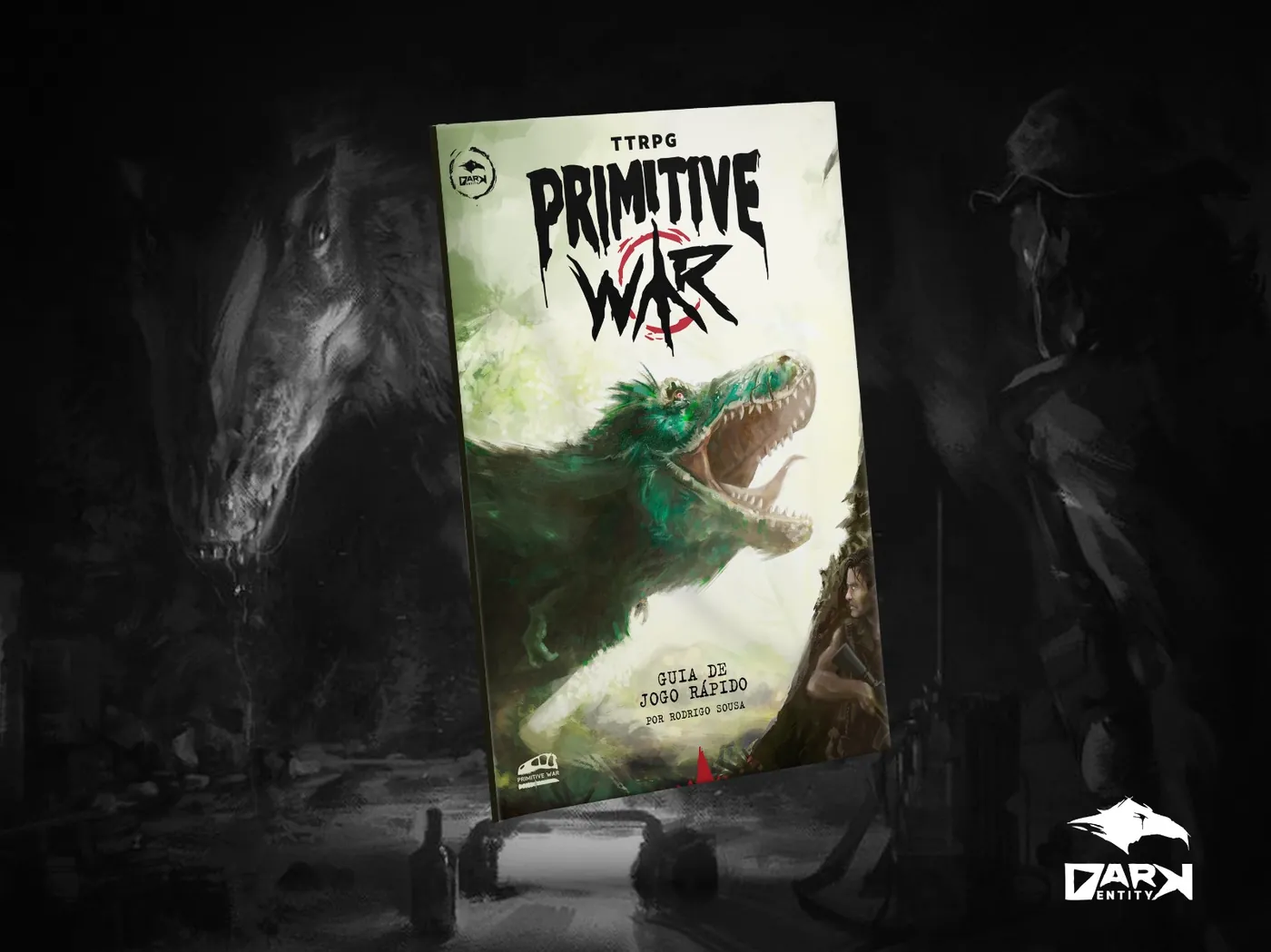 Mockup do Guia de Jogo Rápido de Primitive War: capa com um tiranossauro verde rugindo na selva, cercado por silhuetas sombrias de dinossauros